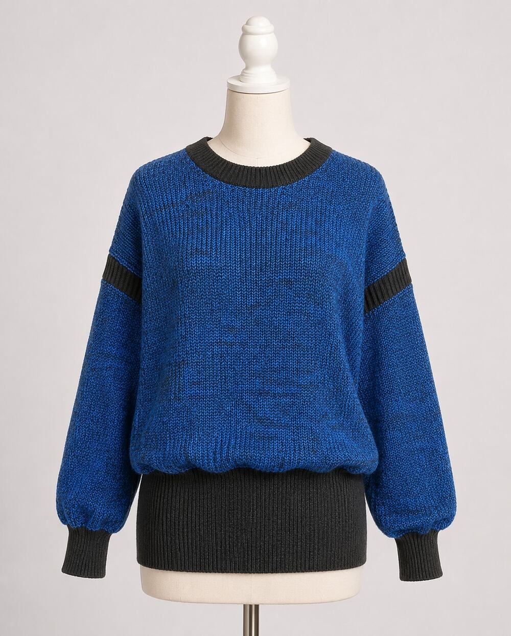 Vintage Blue & Black Knit Sweater 1980s Geometric Chunky